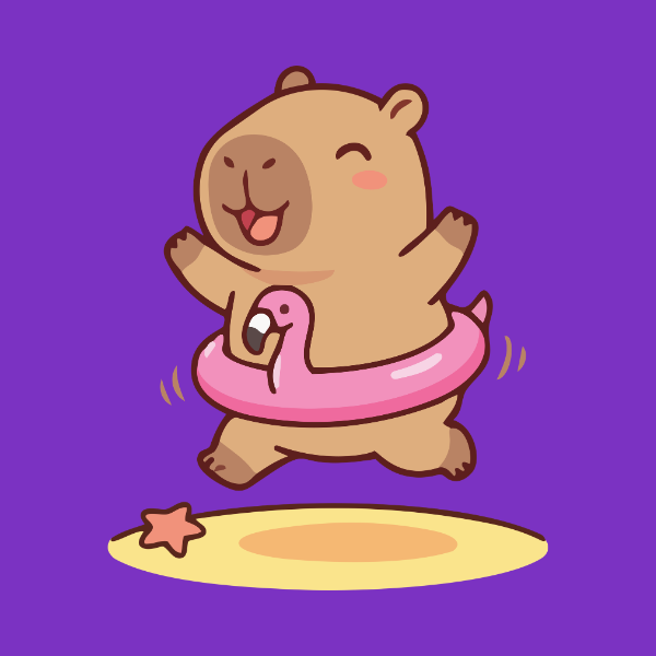 A cute capybara cartoon in a swimming suit having fun on a purple background